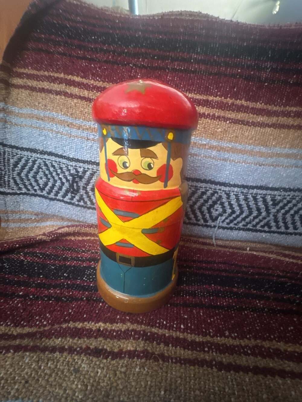 Vintage Wooden Toy Soldier Container with 10 Small Wooden Soldiers Pegs